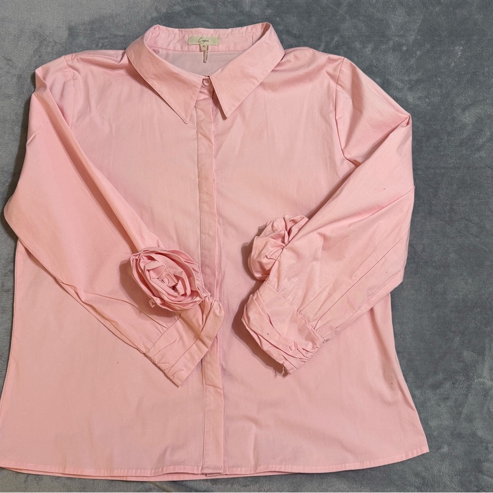 Pink Button-Up Shirt with roses cuffs XL